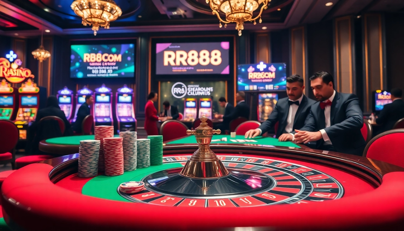Players enjoy classic games at rr88com's high-stakes casino, featuring a glamorous roulette table.