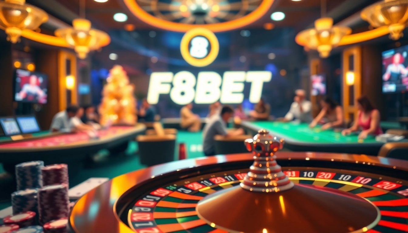 Experience the thrill of F8BET online betting with luxurious casino visuals featuring poker chips and roulette wheels.