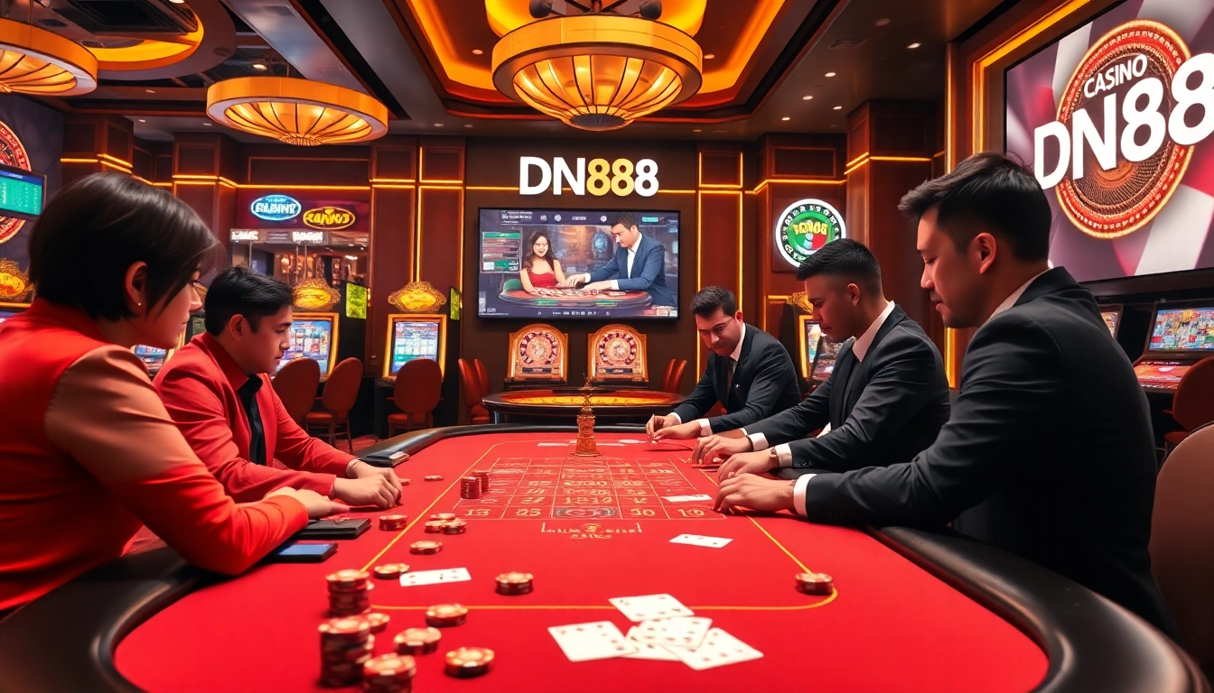 Experience the thrill of high-stakes gaming at DN88 Casino with professional gamblers and vibrant tables.