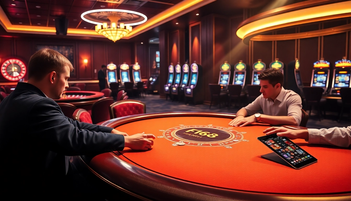 Engage with F168's luxurious casino experience featuring poker chips and tables.
