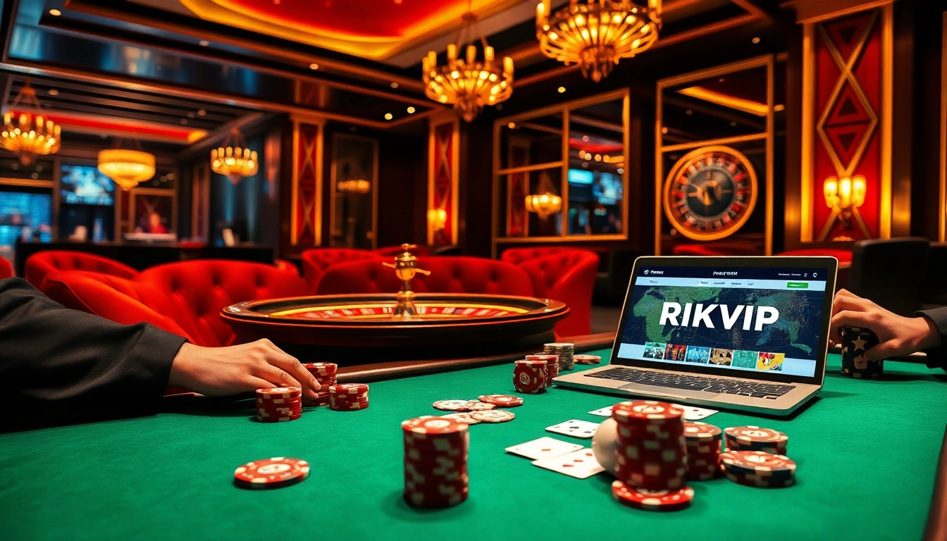 Players enjoying a high-stakes game at RIKVIP's casino table, surrounded by luxurious decor.