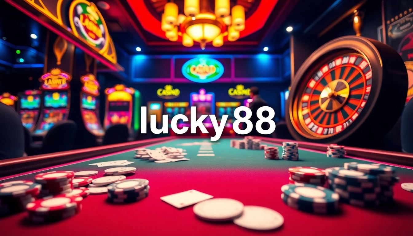 Lucky88 gaming table scene with poker chips and vibrant slot machines, showcasing excitement in gambling.