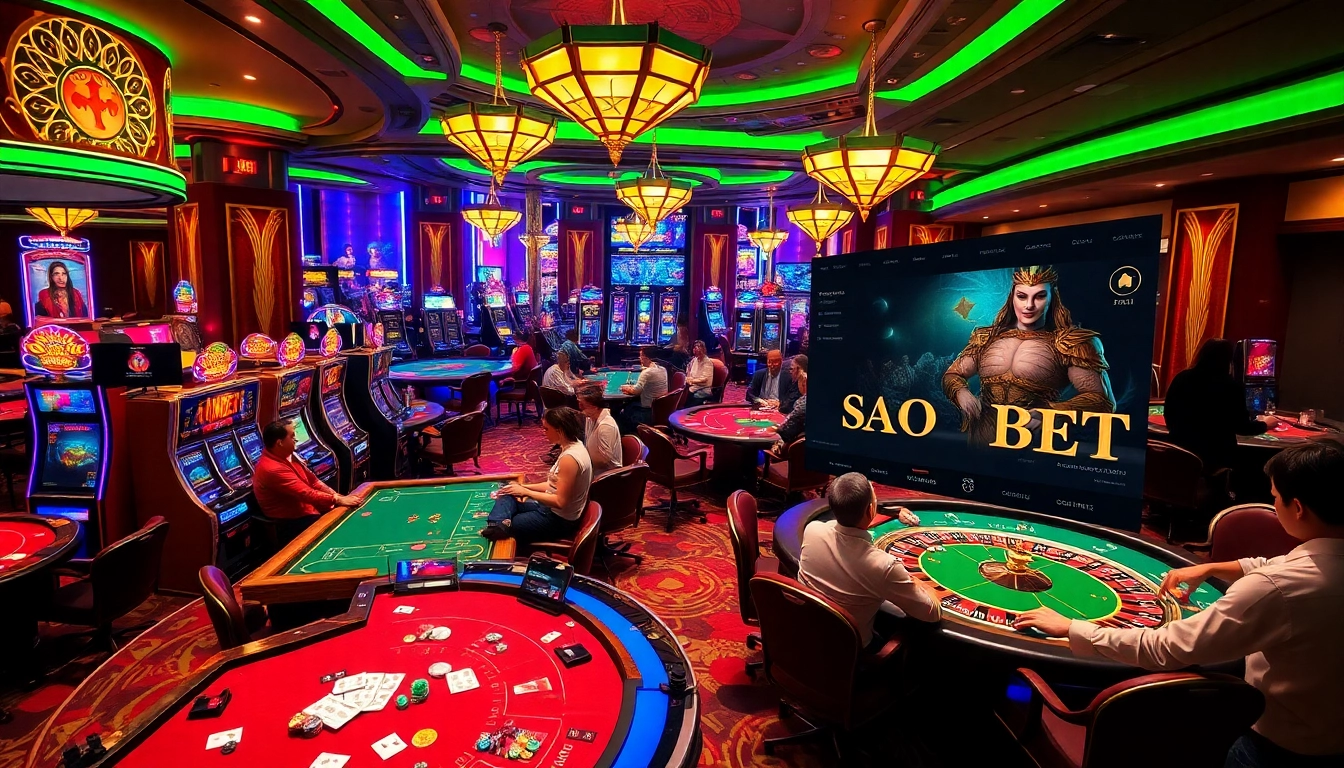 Experience the excitement of gambling at SAO BET with a vibrant casino scene filled with players and colorful gaming elements.