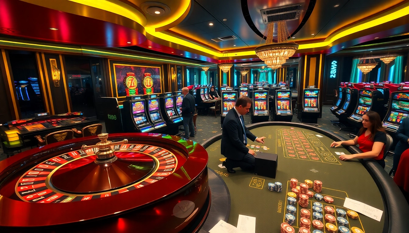 Exciting gambling scene at ta88 com with poker tables and vibrant slot machines.