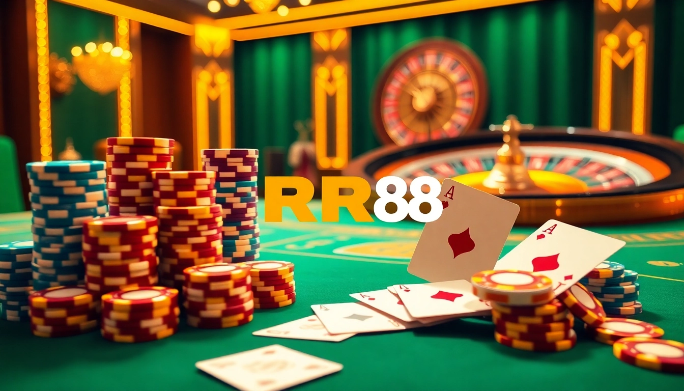 Experience the thrill of RR88 with a vibrant poker scene showcasing luxury and excitement in online gambling.