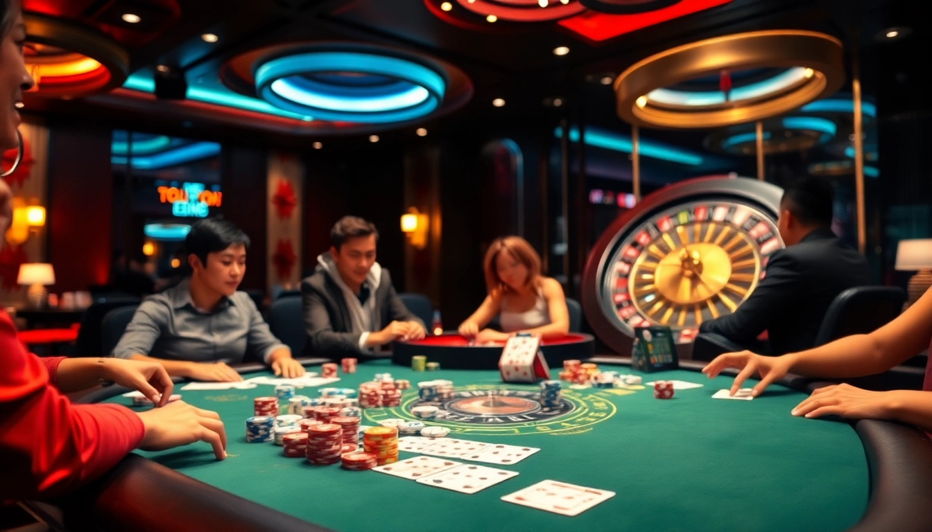 EE88 players engaging in an exciting poker game at a luxurious casino table.