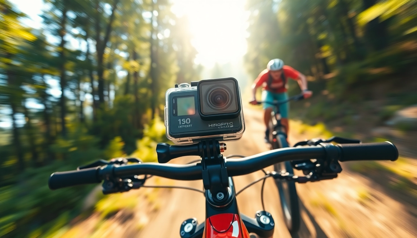 Action camera capturing an adventurous mountain biking scene in nature.