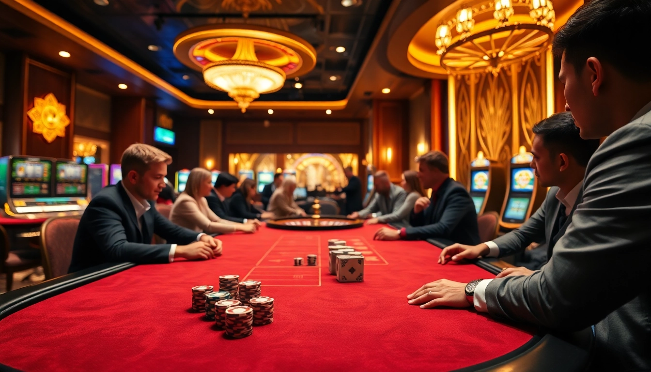 Engaged players at a poker table in a luxurious casino setting showcasing 98win trang chu.