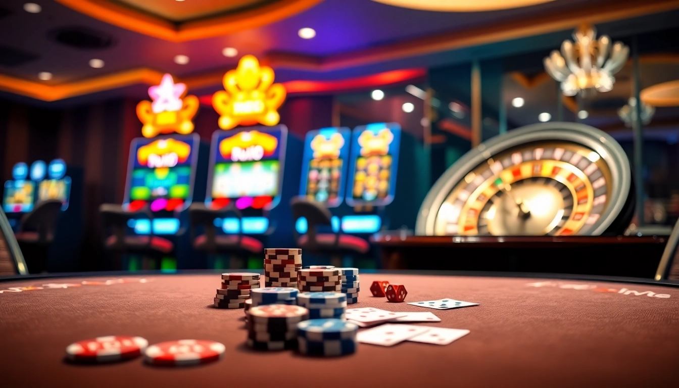 Experience the thrill of ku88 with vibrant casino games, poker chips, and an exciting roulette wheel.