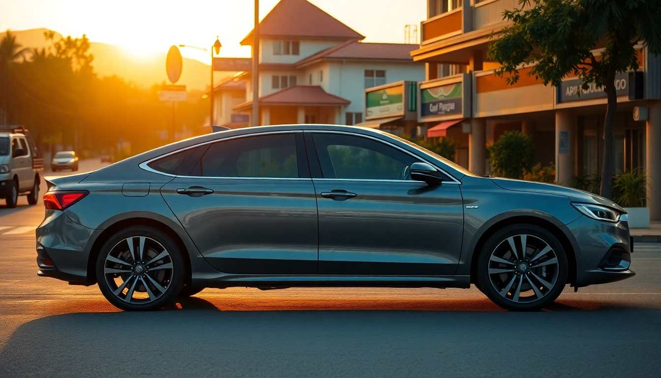 Car rental at Kuching featuring a sleek car amidst scenic views and warm sunset.