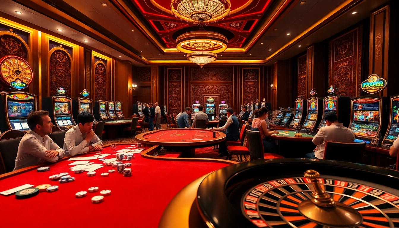 Gamblers enjoying a thrilling session at nhà cái 888b with vibrant casino tables and slot machines.