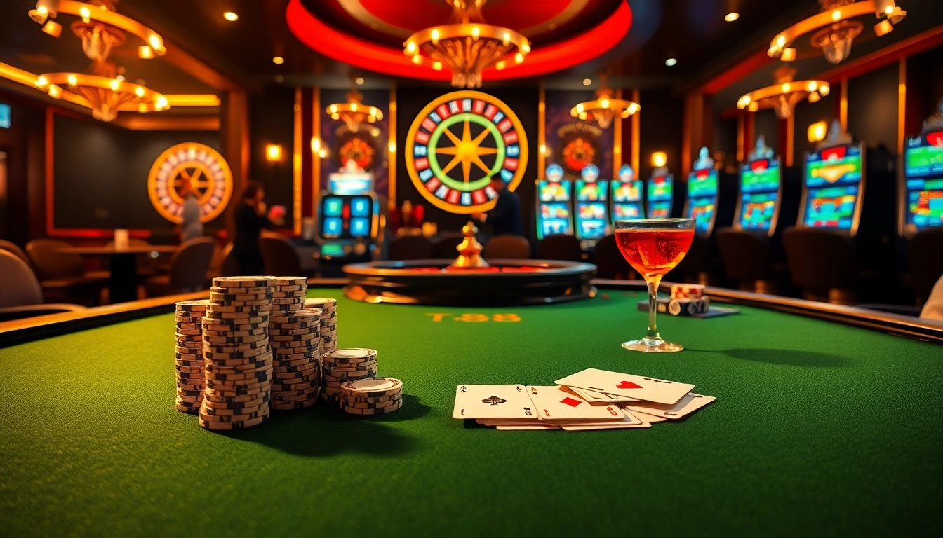 Experience the excitement of ta88 with a vibrant casino scene showcasing poker, roulette, and slot machines.