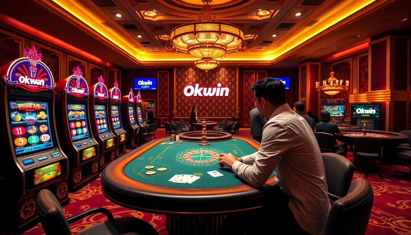 Experience high-stakes gambling at Okwin with vibrant slot machines and poker tables.