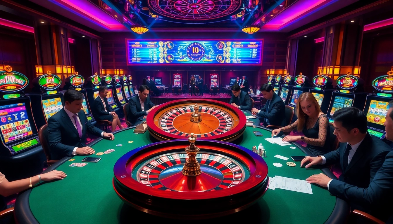 Experience the thrill of vn88 with vibrant poker tables and roulette wheels in a luxury casino setting.