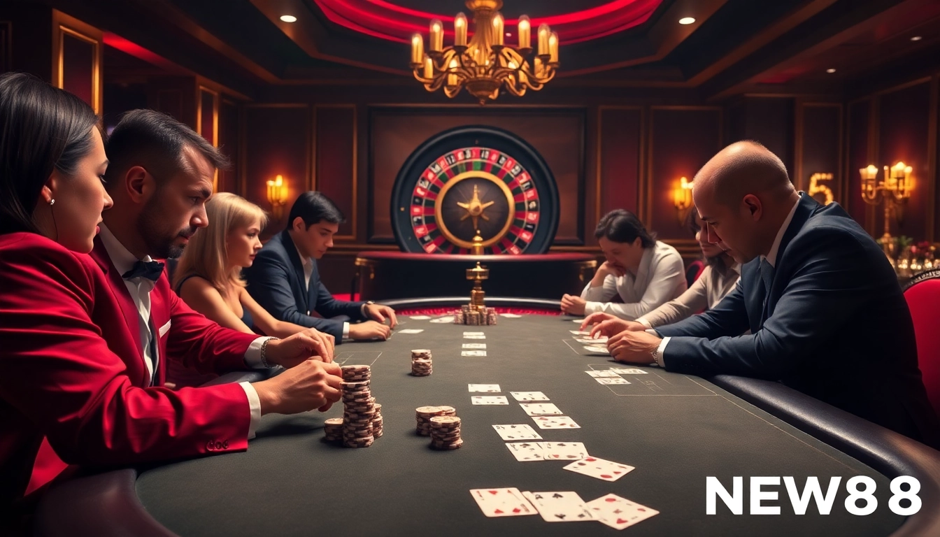 Experience high-stakes excitement at NEW88 with poker chips, cards, and roulette.