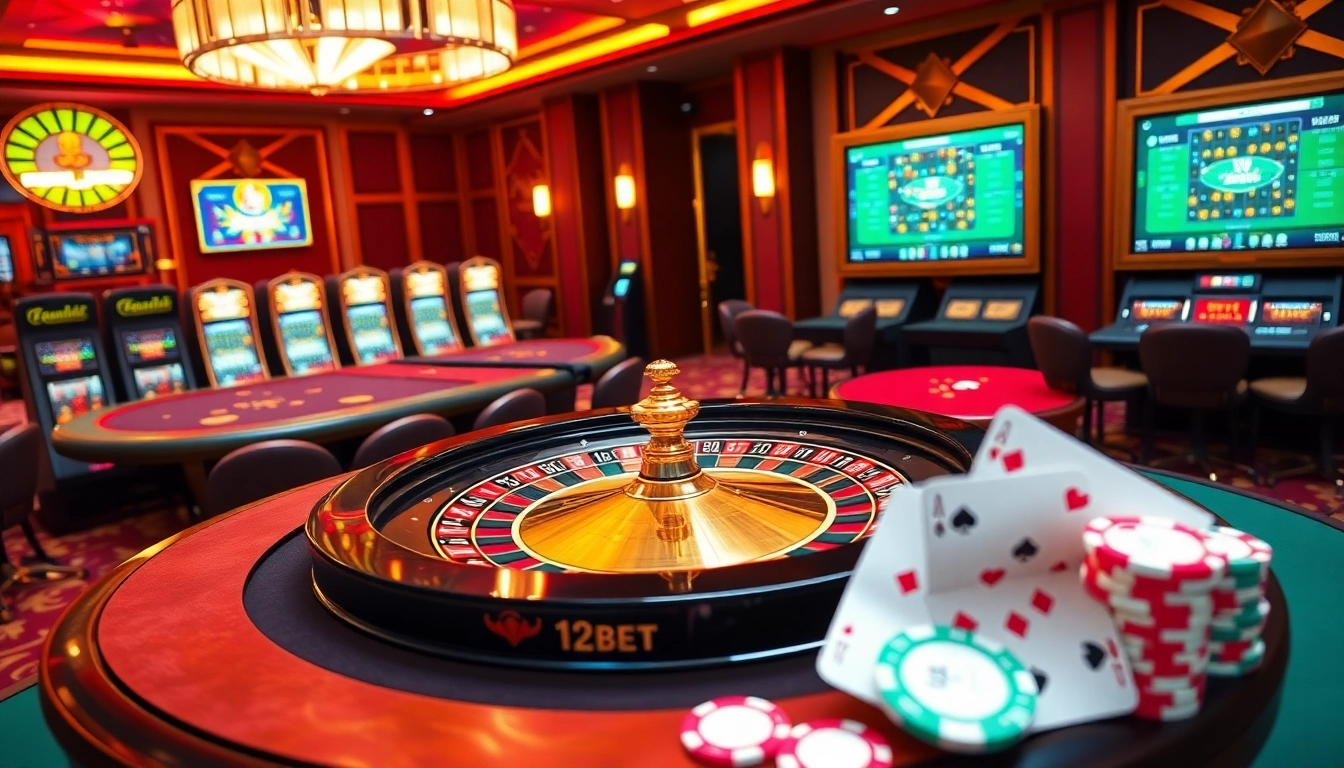 Experience the thrill of 12bet at a luxurious casino with vibrant tables and engaging games.