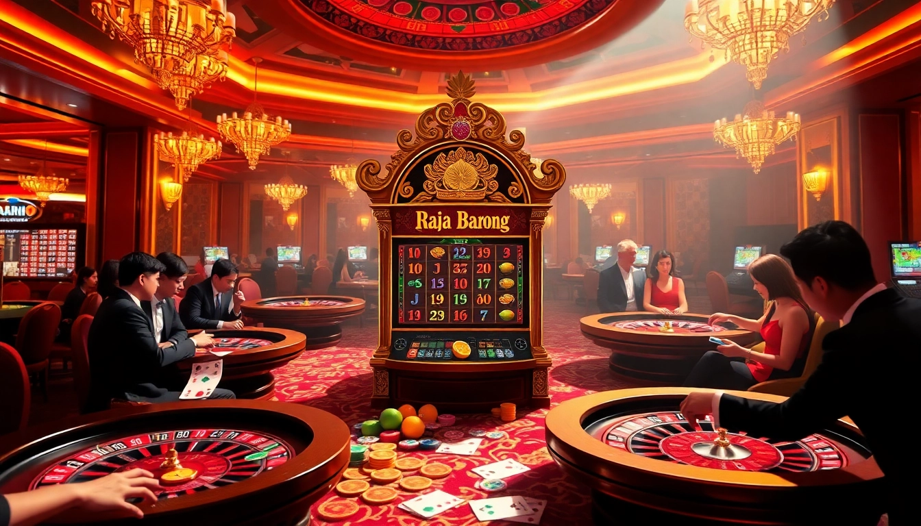 Win big at the Raja Barong-themed slot machine amidst a vibrant casino atmosphere.