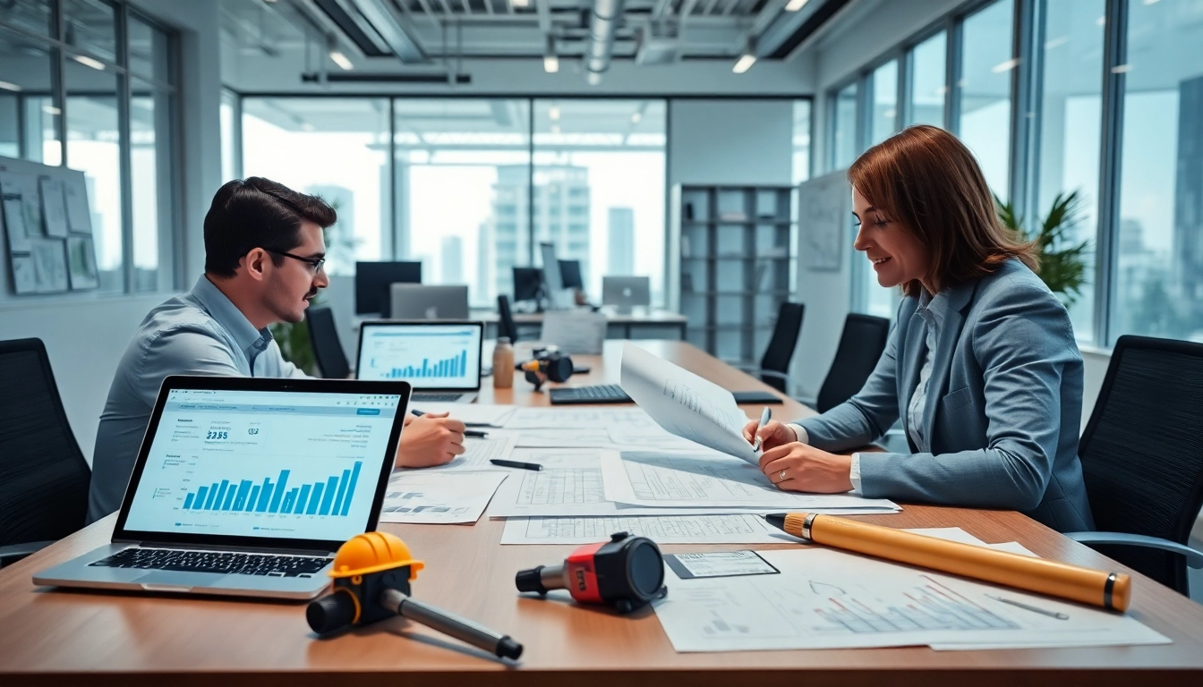 Biuro rachunkowe dla firmy budowlanej – profesjonaliści przeglądający dokumenty finansowe w nowoczesnym biurze.