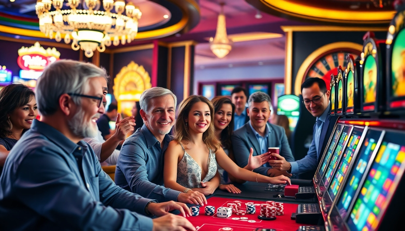 Gamblers engaging with vibrant slot machines, embodying the spirit of 슬롯커뮤니티.