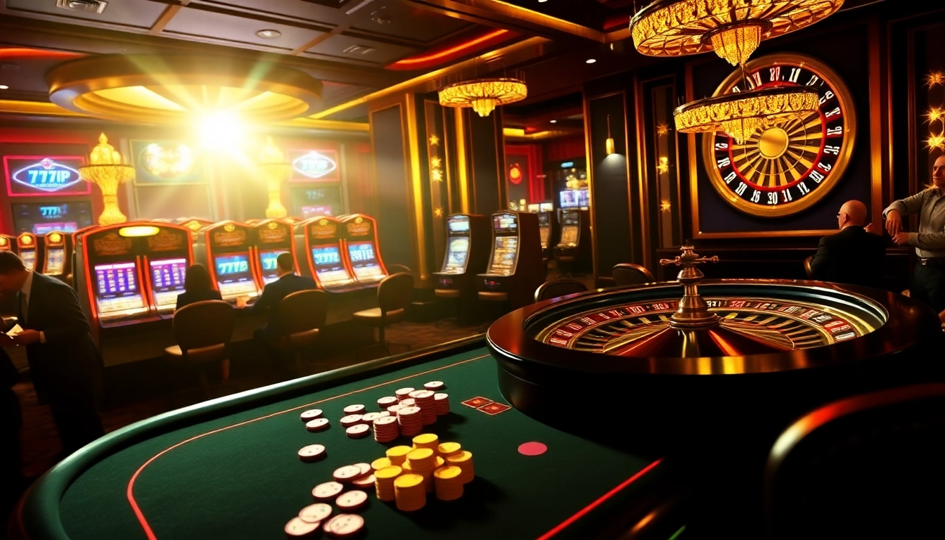 A dynamic scene of players enjoying games at 777VIP casino with a poker table and slot machines.