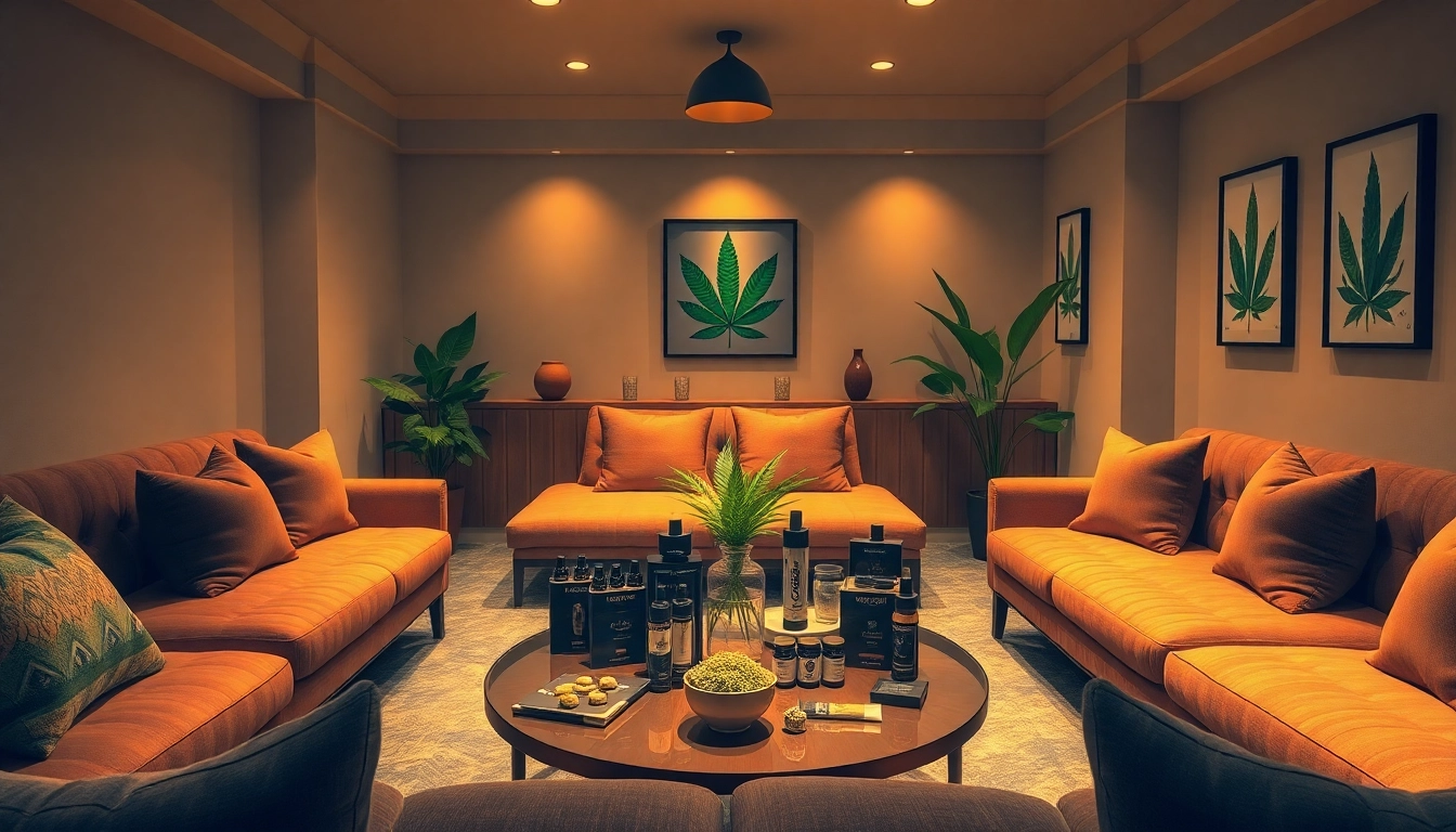 Explore moonbarguy hhc products elegantly displayed in a modern cannabis lounge.