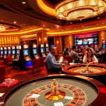 Experience the excitement of RR88 with a vibrant casino scene featuring poker tables and slot machines.