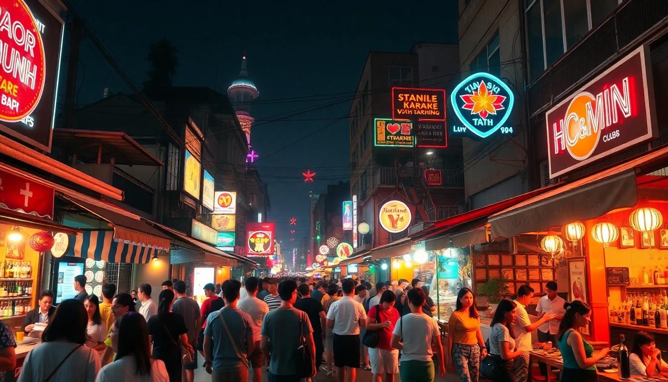Ho Chi Minh nightlife scene showcasing 호치민밤문화 with vibrant bars and lively crowds.