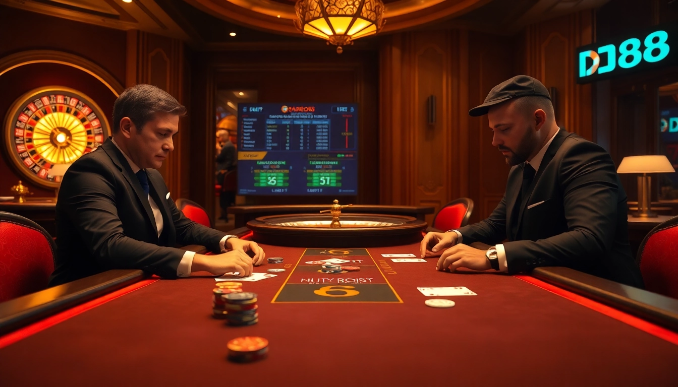 Engage in a thrilling poker match at DR88's premier online casino featuring elegant setup and dramatic lighting.