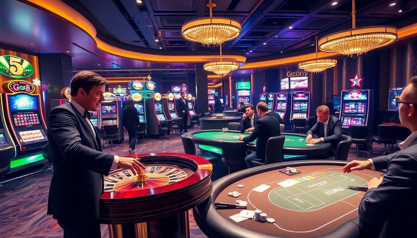 Go8 players engaging in high-stakes casino games with vibrant slot machines.