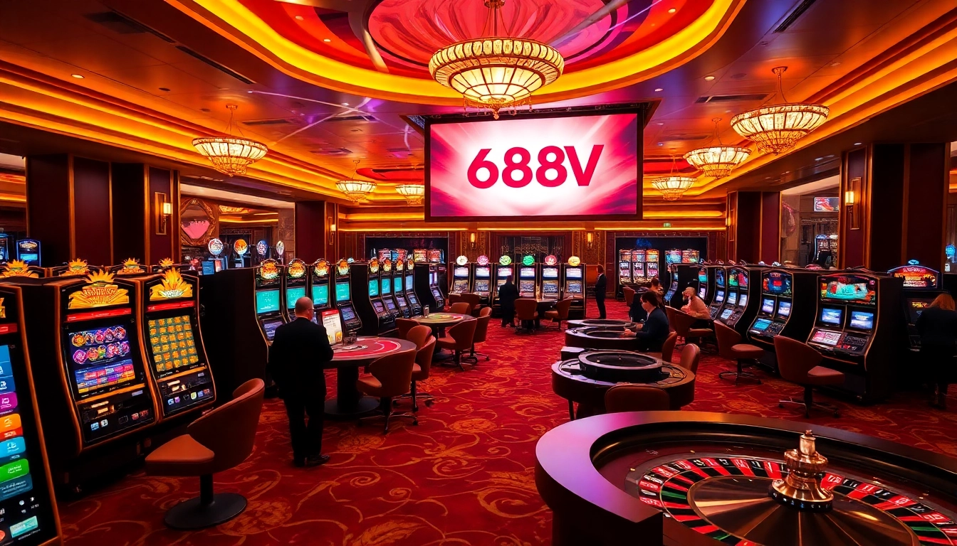 Players enjoying various games at the 688V casino, showcasing excitement and luxury in gambling.