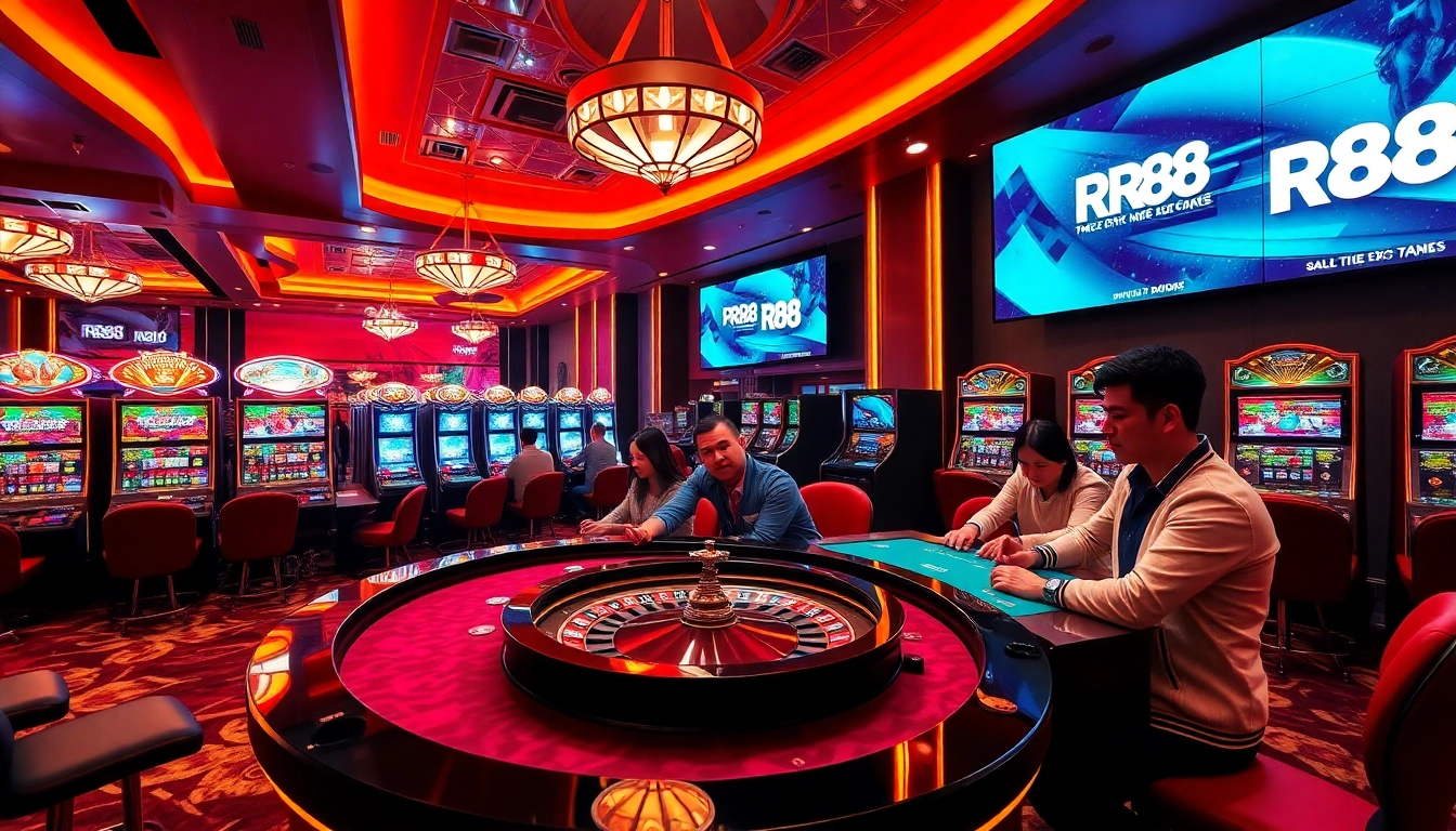Exciting gaming action at the RR88 casino with players engaged in roulette and card games.
