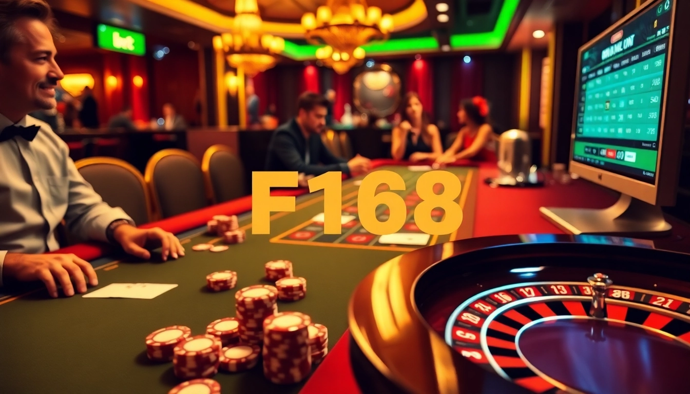 Experience intense poker action at F168's online casino with vibrant chips and cards.