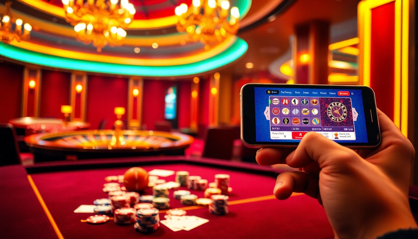 Engaging glamorous casino scene with gaming elements representing http://789f.mex.com/ mobile gambling.
