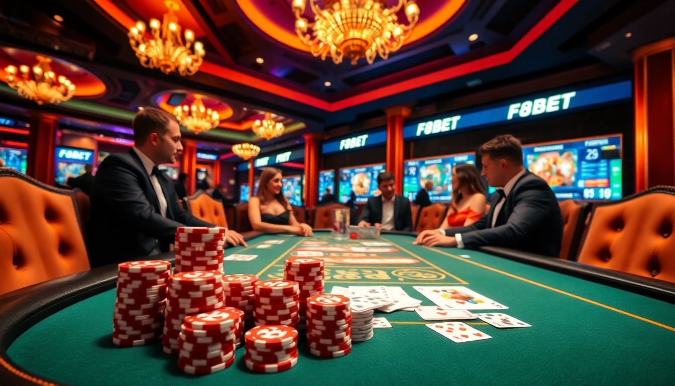 Experience the thrill of F8 BET with lively gaming action at a luxurious casino table.