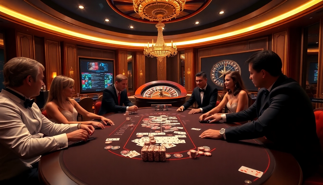 A thrilling poker night scene at https://789bet7a.com/ showcasing luxurious tables and excited players.