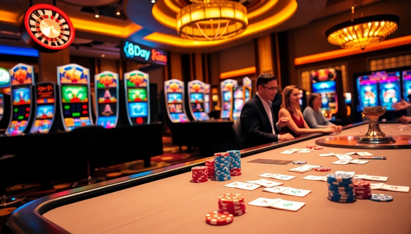 8DAY players engaging with vibrant casino tables and exciting slot machines.