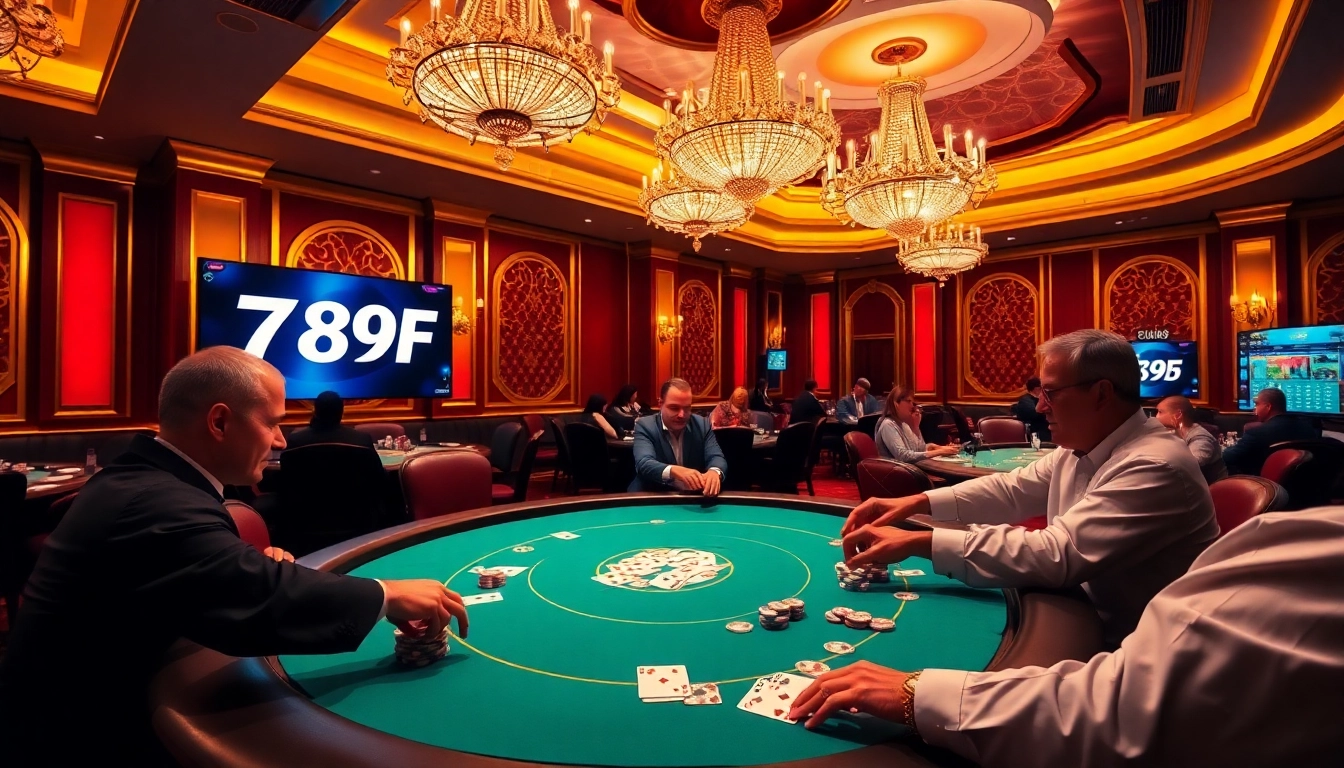 Players enjoying Texas Hold'em at a luxurious casino table featuring 789f branding.