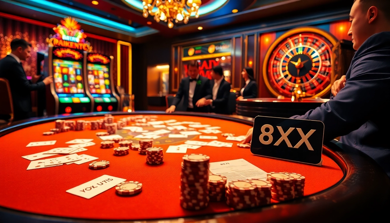 Gambling excitement at the casino with poker tables featuring 8XX betting slips and vibrant slot machines.