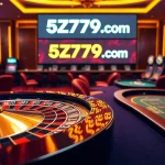 Experience the thrill at 5Z7779 com with roulette, poker chips, and vibrant gaming action.