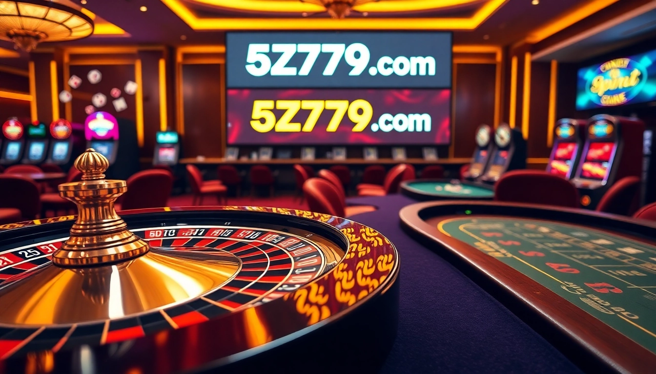 Experience the thrill at 5Z7779 com with roulette, poker chips, and vibrant gaming action.