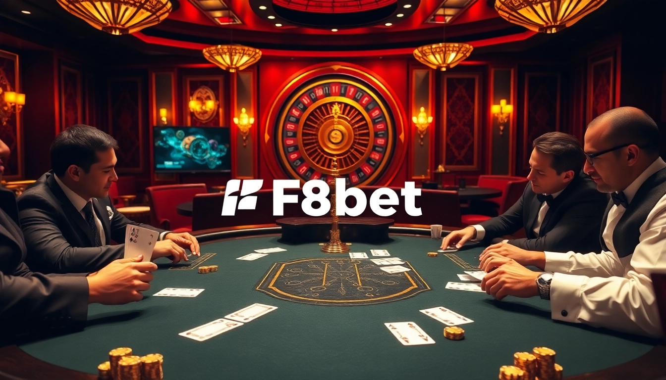 Players engaged in high-stakes poker at F8bet's luxurious casino.