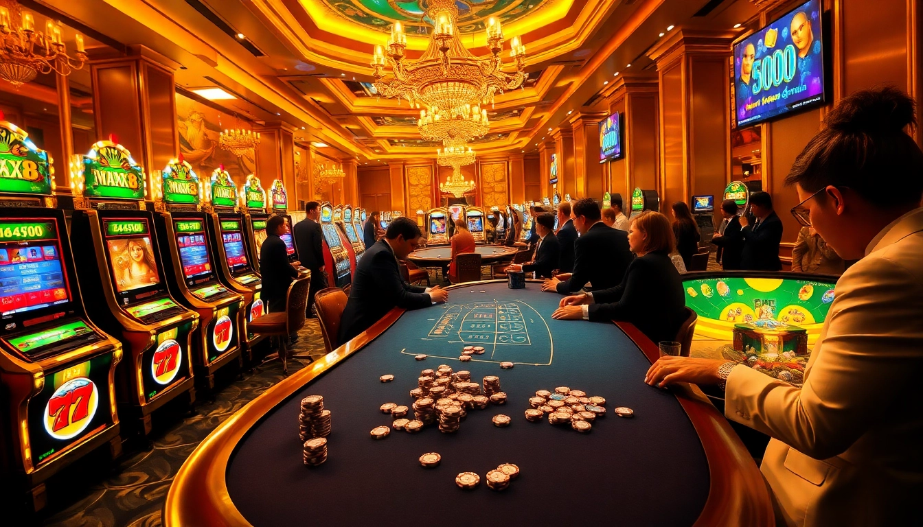 Dynamic gaming scene with players enjoying max88 vin apk at a luxury casino.