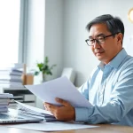 Certified translator working in a modern office with documents, laptop, and certifications.