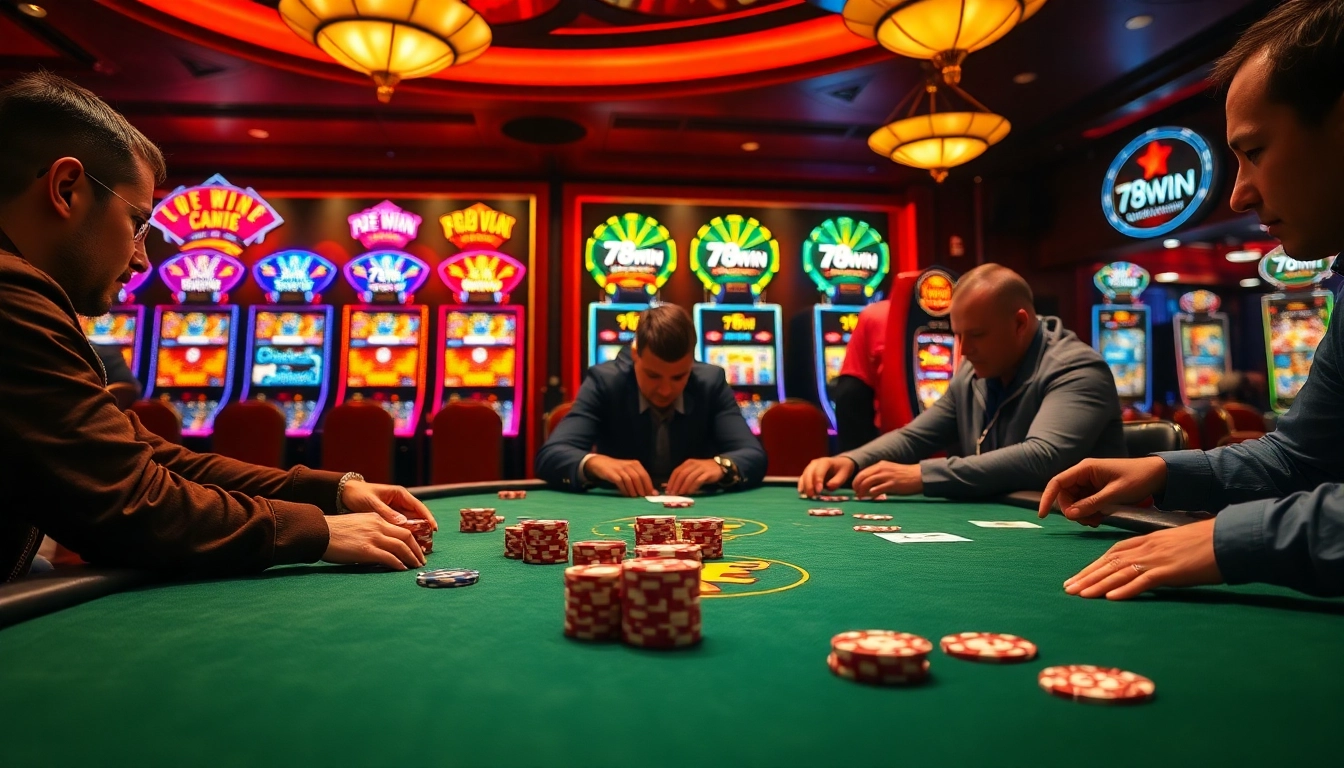 Experience the thrill of gambling at 78WIN with intense poker action and vibrant casino atmosphere.