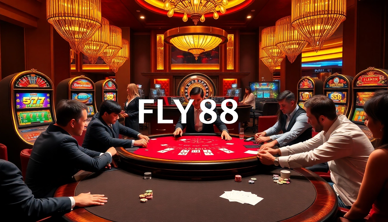 Players experiencing a thrilling game at FLY88 casino with vibrant scene and luxurious atmosphere.