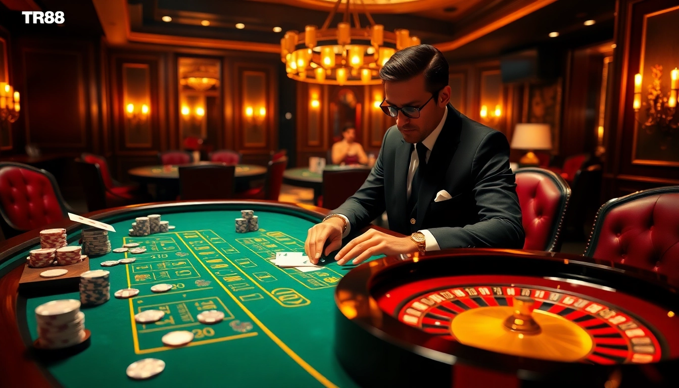 Engaged player enjoying a strategic TR88 casino experience with poker chips and roulette wheel.