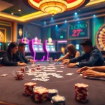 Engaging poker players at the luxurious Trang chủ LC88 casino table with vibrant chips and cards.