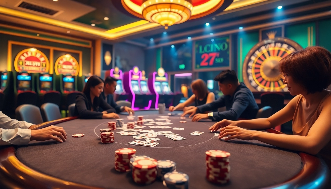 Engaging poker players at the luxurious Trang chủ LC88 casino table with vibrant chips and cards.