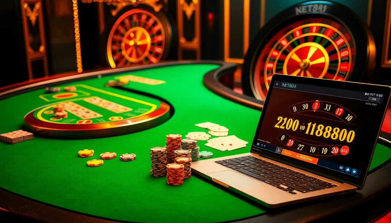 Experience the excitement of NET88 at a luxurious casino table with poker chips and a betting interface.
