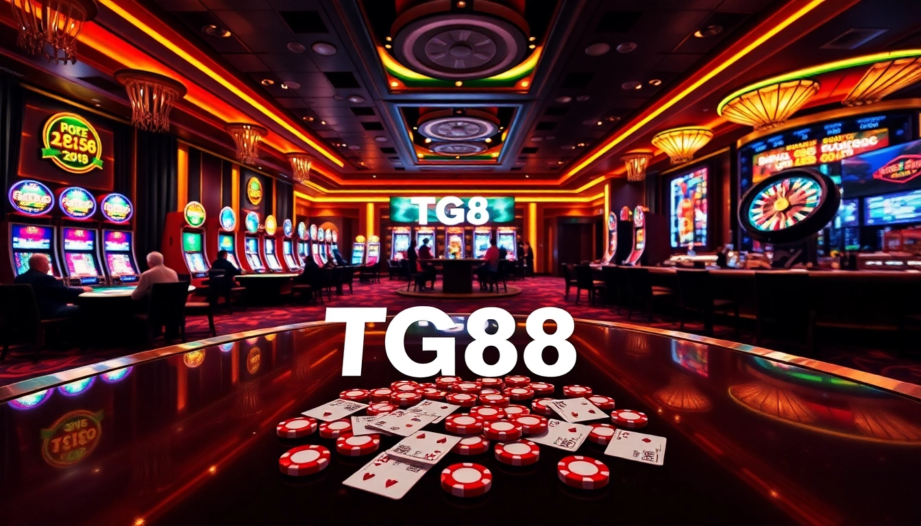 Experience the thrill of TG88 gaming in a luxurious casino atmosphere filled with poker tables and vibrant slot machines.
